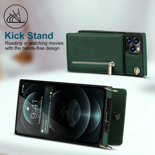 Coque iPhone portefeuille slim avec fermeture éclair et bandoulière
