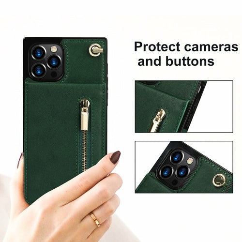 Coque iPhone portefeuille slim avec fermeture éclair et bandoulière